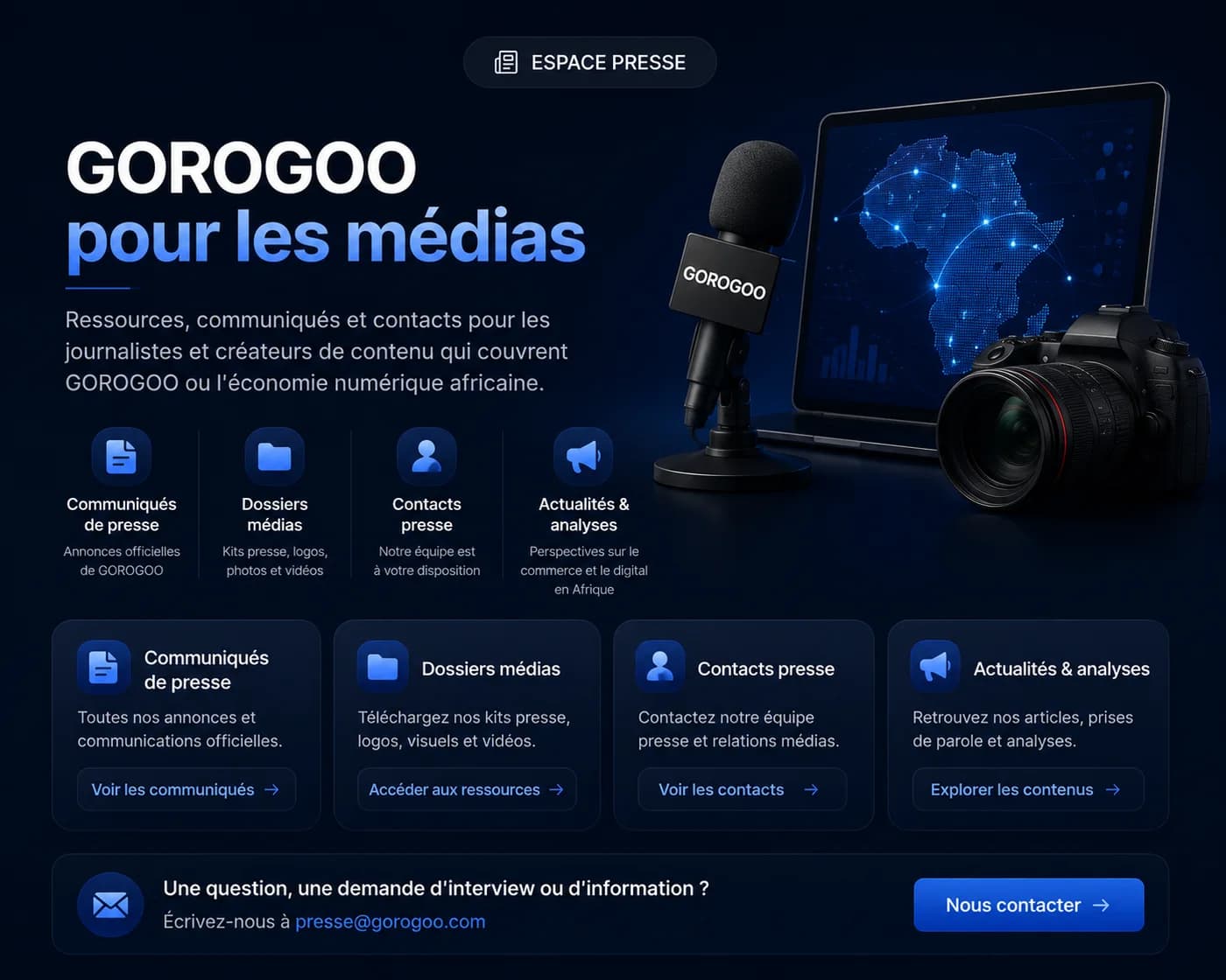 Espace presse GOROGOO : communiqués, dossiers médias, contacts presse et analyses